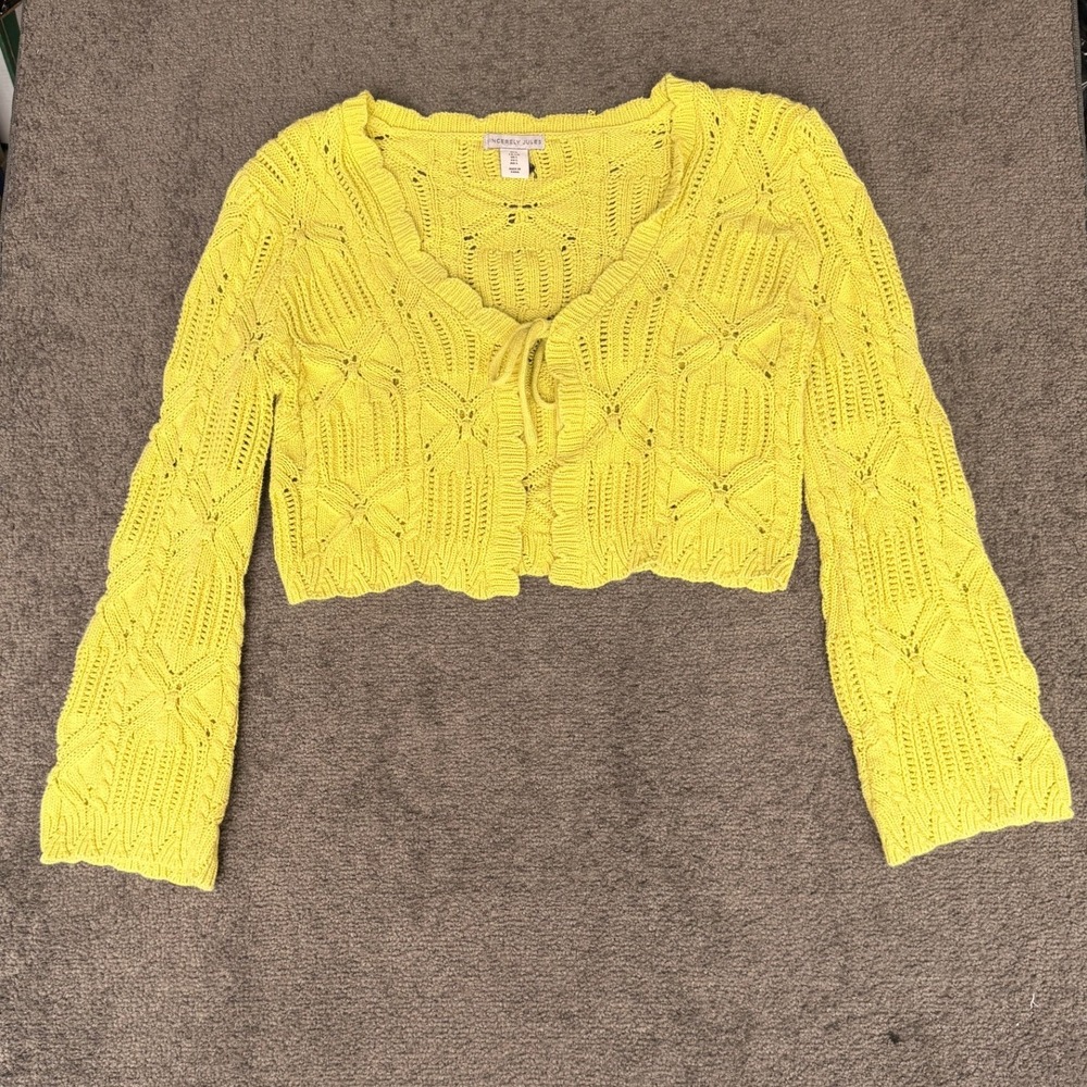 Sincerely Jules‎ Womens Lime Yellow Pointelle Cropped Tie Front Cardigan Large